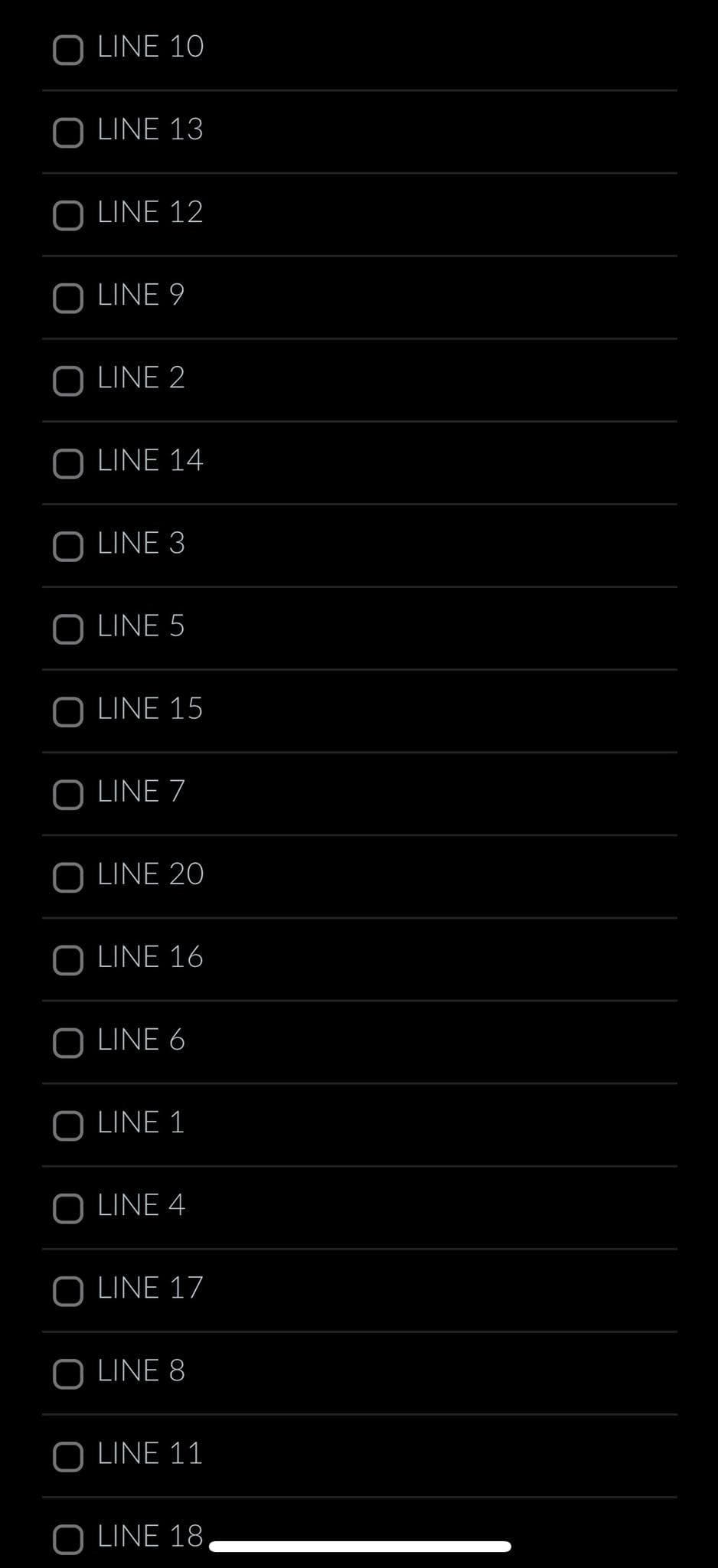 LINE 10
O LINE 13
O LINE 12
O LINE 9
OLINE 2
LINE 14
OLINE 3
OLINE 5
O LINE 15
OLINE 7
LINE 20
O LINE 16
OLINE 6
O LINE 1
OLINE 4
LINE 17
O LINE 8
O LINE 11
O LINE 18