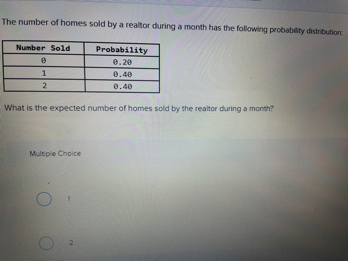 The number of homes sold by a realtor during a month has the following probability distribution:
Number Sold
Probability
0.20
1.
0.40
2
0.40
What is the expected number of homes sold by the realtor during a month?
Multiple Choice
2.
