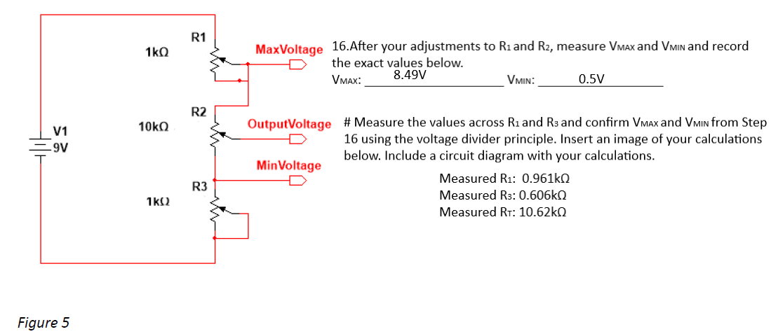 R1
16.After your adjustments to R1 and R2, measure VMAX and VMIN and record
the exact values below.
1kQ
MaxVoltage
VMAX:
8.49V
VMIN:
0.5V
R2
OutputVoltage # Measure the values across R1 and R3 and confirm VMAx and VMIN from Step
V1
16 using the voltage divider principle. Insert an image of your calculations
below. Include a circuit diagram with your calculations.
A6
MinVoltage
Measured R1: 0.961KQ
R3
Measured R3: 0.606KQ
1k2
Measured RT: 10.62kQ
Figure 5
