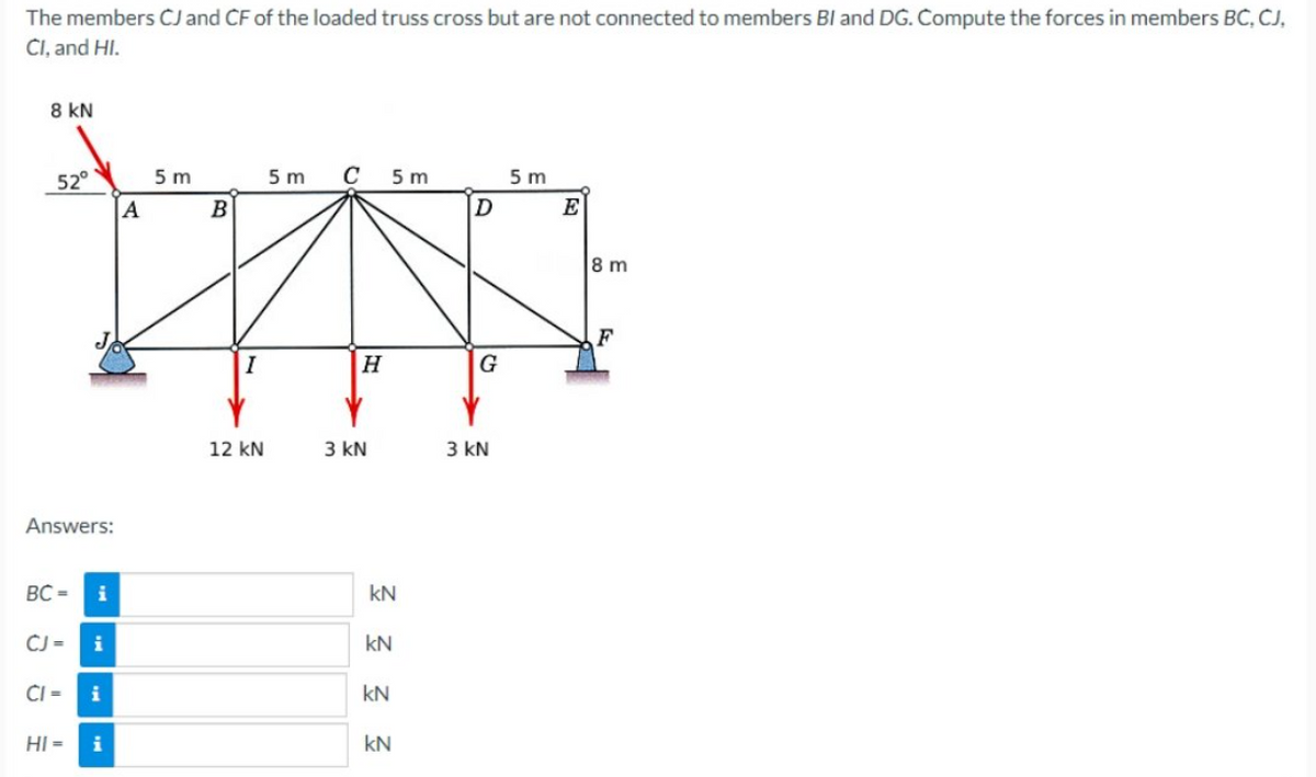 The members CJ and CF of the loaded truss cross but are not connected to members BI and DG. Compute the forces in members BC, CJ,
CI, and HI.
8 KN
52°
Answers:
BC=
CJ =
CI=
HI=
i
i
i
A
5m
B
I
12 KN
5m
C 5m
H
3 KN
kN
2 2 2 2
kN
kN
D
G
3 KN
5m
E
8 m
F