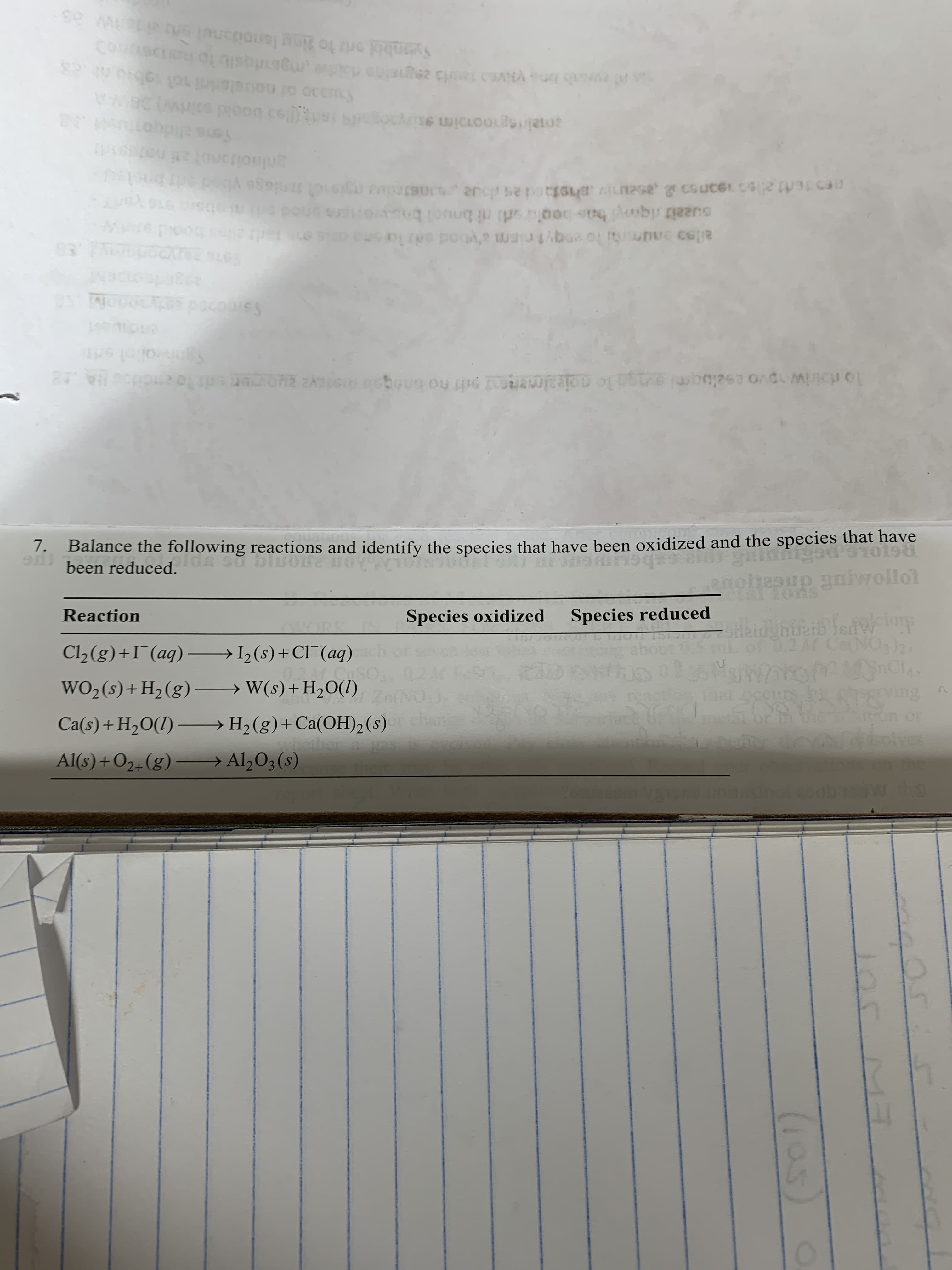 sn w as
Syambid oria to ing lenoianul
OCCALS
c01inegooDim siyo
anlnoitanot ai ne
03 F
suzait riqn bas bogar ni bnucl bonmanod
pCUGEALEE pacouies
pit no bno
7. Balance the following
been reduced. reactions and identify the species that have been oxidized and the species that have
oftes gaiwollot
Reaction
Tons
Species oxidized
Species reduced
laidyhifenb fediong
02M CaNO,a
Cl2 (g)+I¯(aq) – I,(s)+Cl¯(aq)
WO2(s)+H2(g)–→ W(s)+H,O(1)
ZafNO)
Ca(s)+ H20(1) –→H2(g)+Ca(OH), (s)
Imat occurs
Rving n
or an
OF
olves
Al(s) + O2+(g) – → Al2O3(s)
w the
(105)

