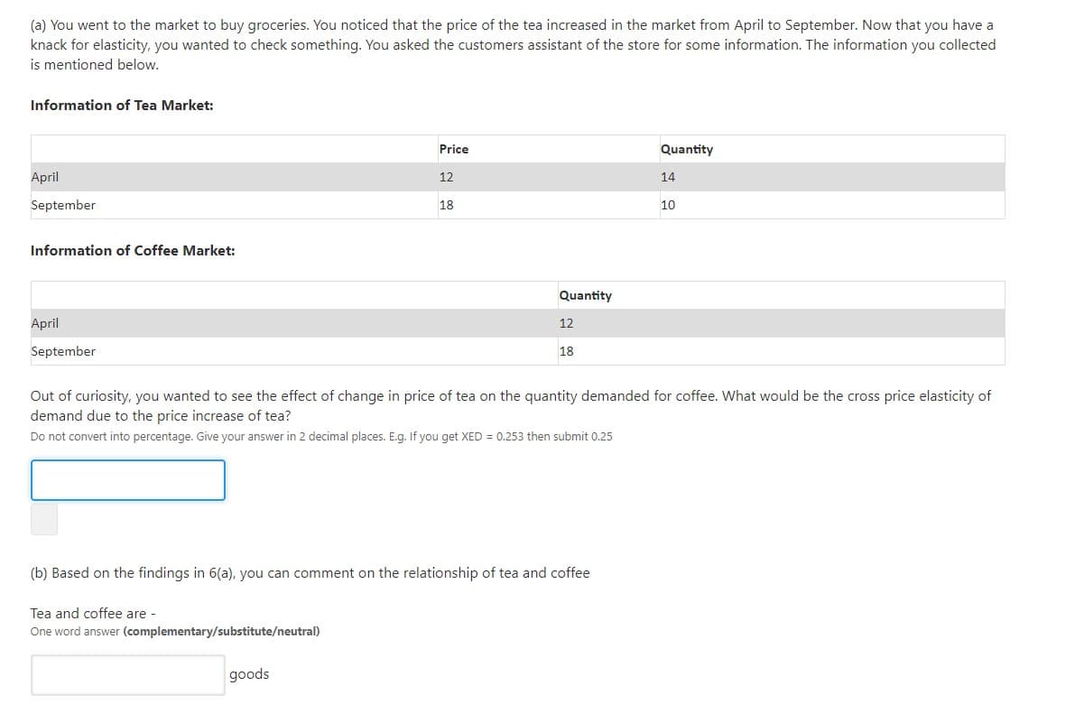 (a) You went to the market to buy groceries. You noticed that the price of the tea increased in the market from April to September. Now that you have a
knack for elasticity, you wanted to check something. You asked the customers assistant of the store for some information. The information you collected
is mentioned below.
Information of Tea Market:
Price
Quantity
April
12
14
September
18
10
Information of Coffee Market:
Quantity
April
12
September
18
Out of curiosity, you wanted to see the effect of change in price of tea on the quantity demanded for coffee. What would be the cross price elasticity of
demand due to the price increase of tea?
Do not convert into percentage. Give your answer in 2 decimal places. E.g. If you get XED = 0.253 then submit 0.25
(b) Based on the findings in 6(a), you can comment on the relationship of tea and coffee
Tea and coffee are -
One word answer (complementary/substitute/neutral)
goods
