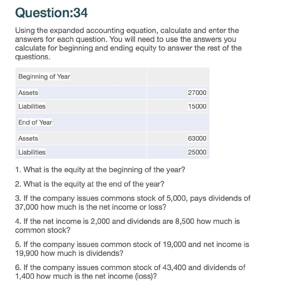 Question:34
Using the expanded accounting equation, calculate and enter the
answers for each question. You will need to use the answers you
calculate for beginning and ending equity to answer the rest of the
questions.
Beginning of Year
Assets
Liabilities
End of Year
Assets
Liabilities
1. What is the equity at the beginning of the year?
2. What is the equity at the end of the year?
27000
15000
63000
25000
3. If the company issues commons stock of 5,000, pays dividends of
37,000 how much is the net income or loss?
4. If the net income is 2,000 and dividends are 8,500 how much is
common stock?
5. If the company issues common stock of 19,000 and net income is
19,900 how much is dividends?
6. If the company issues common stock of 43,400 and dividends of
1,400 how much is the net income (loss)?