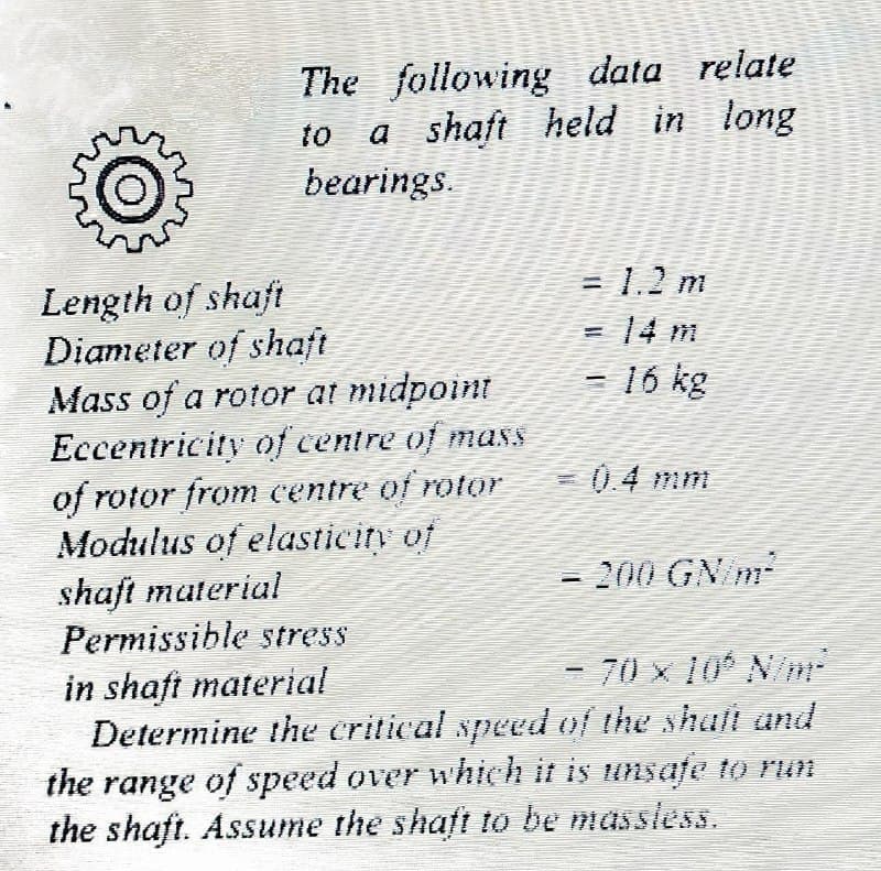 The following data relate
a shaft held in long
to
bearings.
- 1.2 m
Length of shaft
Diameter of shaft
Mass of a rotor at midpoint
Eccentricity of centre of mass
of rotor from centre of rotor
Modulus of elasticity of
shaft muterial
Permissible stress
14 m
16 kg
0.4 mm
- 200 GN/m
- 70 x 10* N/m
in shaft material
Determine the critical speedof the shaft and
the range of speed over which it is unsafe to run
the shaft. Assume the shaft to be massless.
