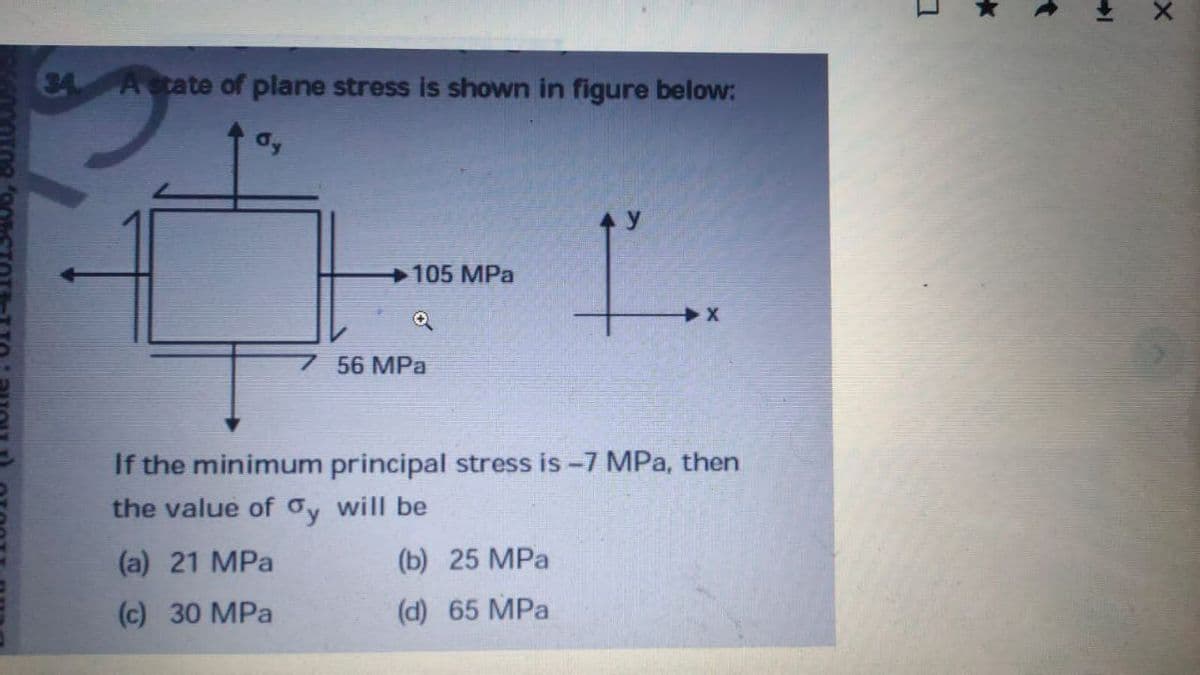 A state of plane stress is shown in figure below:
105 MPa
56 MPa
If the minimum principal stress is -7 MPa, then
the value of oy will be
(a) 21 MPa
(b) 25 MPa
(c) 30 MPa
(d) 65 MPa
