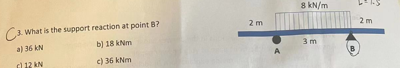 C3. What is the support reaction at point B?
a) 36 kN
b) 18 kNm
c) 12 kN
c) 36 kNm
2 m
A
8 kN/m
3 m
B
2 m
