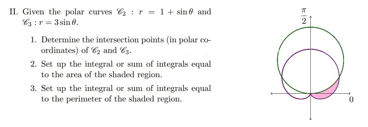 II. Given the polar curves 62 r = 1 + sin and
C3 r = 3 sin 0.
:
1. Determine the intersection points (in polar co-
ordinates) of C2 and C3.
2. Set up the integral or sum of integrals equal
to the area of the shaded region.
3. Set up the integral or sum of integrals equal
to the perimeter of the shaded region.
NE
O
0