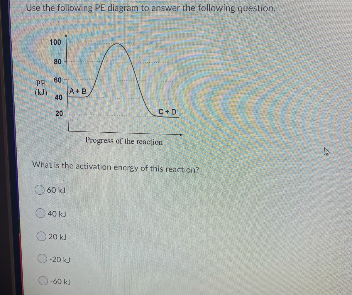 Use the following PE diagram to answer the following question.
100
80
60
PE
(kJ)
A+B
40
C+D
20
Progress of the reaction
What is the activation energy of this reaction?
O 60 kJ
O 40 kJ
20 kJ
-20 kJ
-60 kJ
