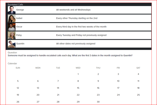 Escalated Calls
George
Isabel
Oscar
Patsy
Quentin
Calendar
SUN
5
12
Question
Someone must be assigned to handle escalated calls each day. What are the first 3 dates in the month assigned to Quentin?
19
26
MON
6
13
20
All weekends and all Wednesdays
27
Every other Thursday starting on the 2nd
Every third day in the first two weeks of the month
Every Tuesday and Friday not previously assigned
All other dates not previously assigned
TUE
7
14
21
28
WED
1
8
15
22
29
THU
2
9
16
23
30
FRI
w
10
17
24
SAT
4
11
18
25