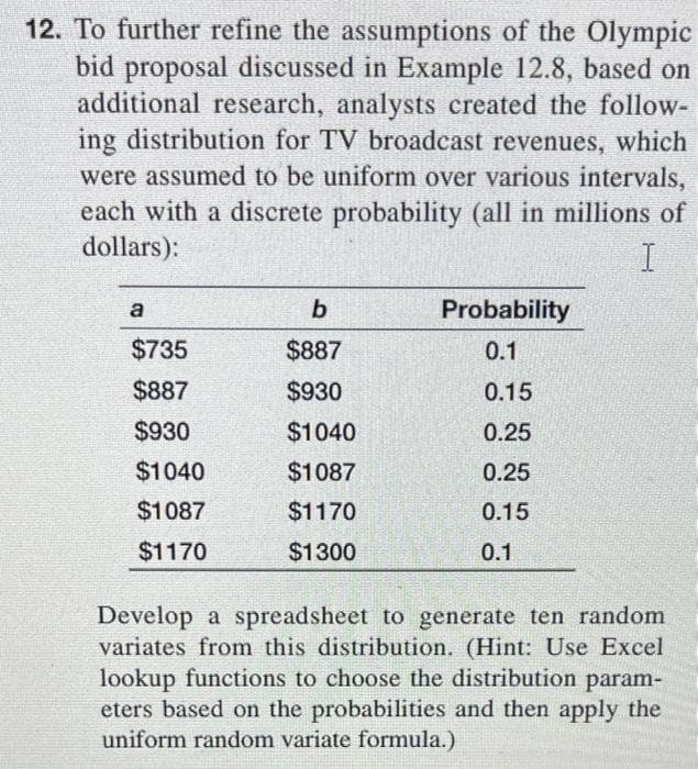 12. To further refine the assumptions of the Olympic
bid proposal discussed in Example 12.8, based on
additional research, analysts created the follow-
ing distribution for TV broadcast revenues, which
were assumed to be uniform over various intervals,
each with a discrete probability (all in millions of
dollars):
I
a
b
Probability
$735
$887
0.1
$887
$930
0.15
$930
$1040
0.25
$1040
$1087
0.25
$1087
$1170
0.15
$1170
$1300
0.1
Develop a spreadsheet to generate ten random
variates from this distribution. (Hint: Use Excel
lookup functions to choose the distribution param-
eters based on the probabilities and then apply the
uniform random variate formula.)