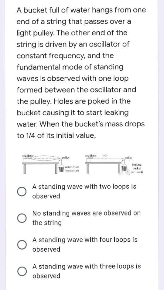 A bucket full of water hangs from one
end of a string that passes over a
light pulley. The other end of the
string is driven by an oscillator of
constant frequency, and the
fundamental mode of standing
waves is observed with one loop
formed between the oscillator and
the pulley. Holes are poked in the
bucket causing it to start leaking
water. When the bucket's mass drops
to 1/4 of its initial value,
escillator
eillator
palley
pulley
water-filled
bucket ()
laking
bucket
(m'-n 4)
A standing wave with two loops is
observed
No standing waves are observed on
the string
A standing wave with four loops is
observed
A standing wave with three loops is
observed
