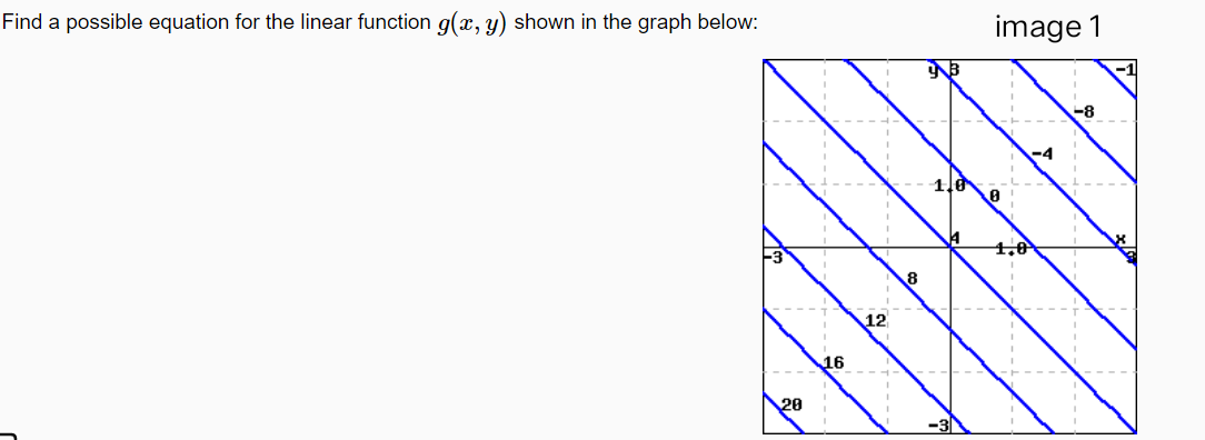 Find a possible equation for the linear function g(x, y) shown in the graph below:
20
16
12
8
image 1