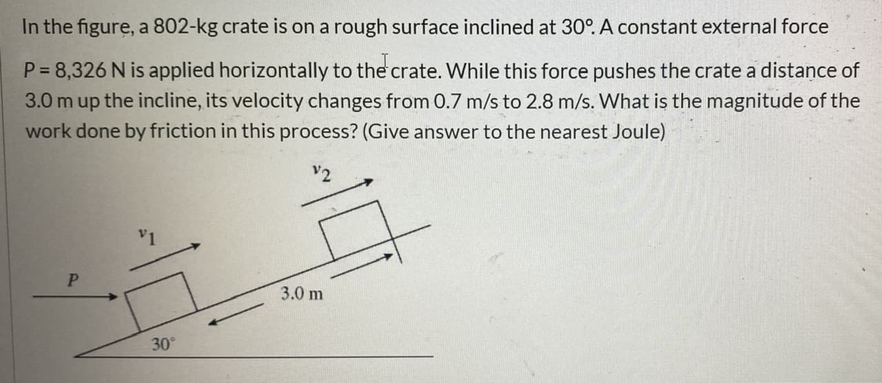 In the figure, a 802-kg crate is on a rough surface inclined at 30° A constant external force
P = 8,326 N is applied horizontally to the crate. While this force pushes the crate a distance of
3.0 m up the incline, its velocity changes from 0.7 m/s to 2.8 m/s. What is the magnitude of the
work done by friction in this process? (Give answer to the nearest Joule)
V2
3.0 m
30°
