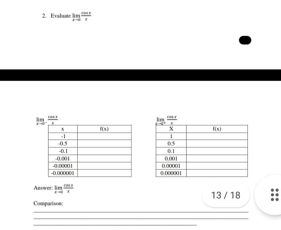 cos x
2. Evaluate lim
X0 x
cos x
Cs x
lim
-0+ x
X
lim
f(x)
f(x)
-1
1
-0.5
0.5
-0.1
0.1
-0.001
0.001
-0.00001
0.00001
-0.000001
0.000001
Answer: lim cosx
x-0 x
13 / 18
Comparison:
