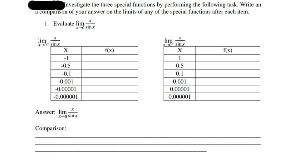 Investigate the three special functions by performing the following task. Write an
a comparison of your answer on the limits of any of the special functions after each item.
1. Evaluate lim
x-0 sin x
lim
x+0- sinx
lim
*-0+ sin x
X
X
f(x)
f(x)
-1
1
-0.5
0.5
-0.1
0.1
-0.001
0.001
-0.00001
0.00001
-0.000001
0.000001
Answer: lim-
x--0 sin x
Comparison:
