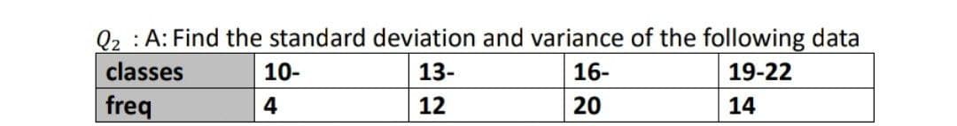 Q2 : A: Find the standard deviation and variance of the following data
classes
10-
13-
16-
19-22
freq
4
12
14
20
