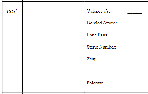 Valence e's:
Bonded Atoms:
Lone Pairs:
Steric Number:
Shape:
Polarity:
