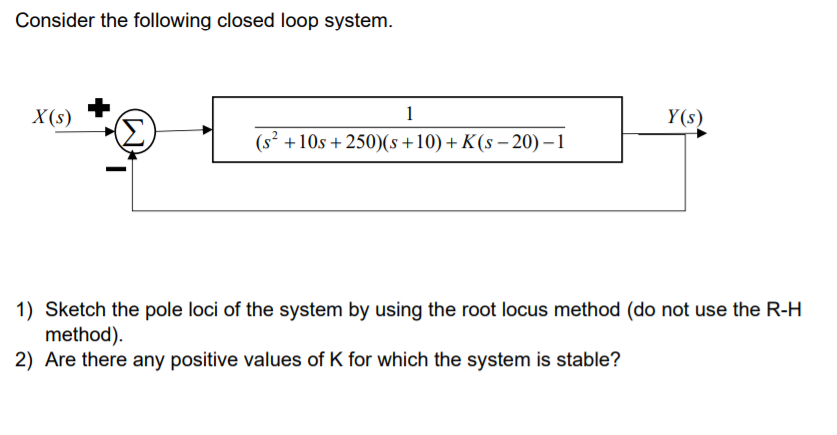 Consider the following closed loop system.
X (s)
1
Y(s)
(s² +10s + 250)(s+10) + K(s – 20) – 1
1) Sketch the pole loci of the system by using the root locus method (do not use the R-H
method).
2) Are there any positive values of K for which the system is stable?
