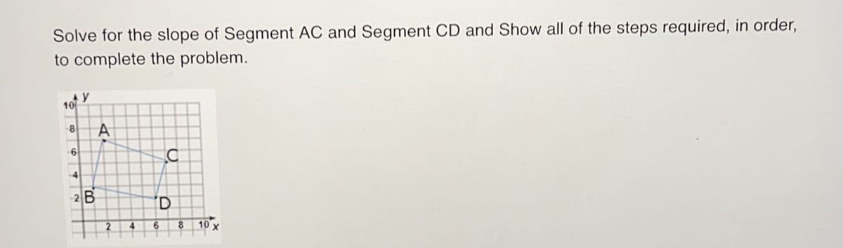 Solve for the slope of Segment AC and Segment CD and Show all of the steps required, in order,
to complete the problem.
10
8
6
4
2B
A
2
с
D
6
8
10 x