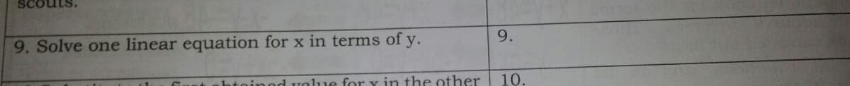 Scouts.
9.
9. Solve one linear equation for x in terms of y.
inod volue for x in the other
10.
