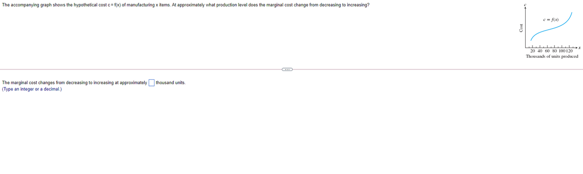 The accompanying graph shows the hypothetical cost c= f(x) of manufacturing x items. At approximately what production level does the marginal cost change from decreasing to increasing?
c = f(x)
20 40 60 80 100120
Thousands of units produced
The marginal cost changes from decreasing to increasing at approximately thousand units.
(Type an integer or a decimal.)
Cost
