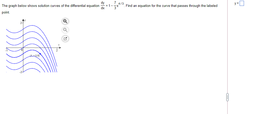 dy
=1.
7 413
Find an equation for the curve that passes through the labeled
y =0
The graph below shows solution curves of the differential equation
point.
