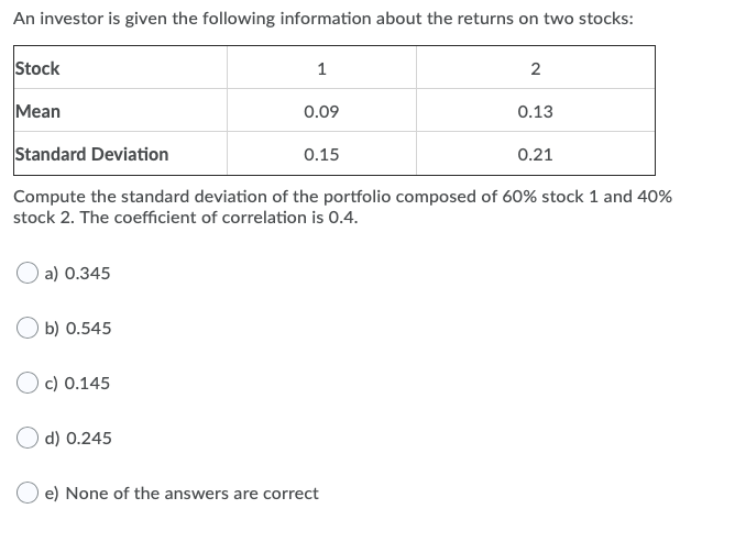 An investor is given the following information about the returns on two stocks:
Stock
1
Mean
0.09
0.13
Standard Deviation
0.15
0.21
Compute the standard deviation of the portfolio composed of 60% stock 1 and 40%
stock 2. The coefficient of correlation is 0.4.
a) 0.345
b) 0.545
c) 0.145
d) 0.245
e) None of the answers are correct
