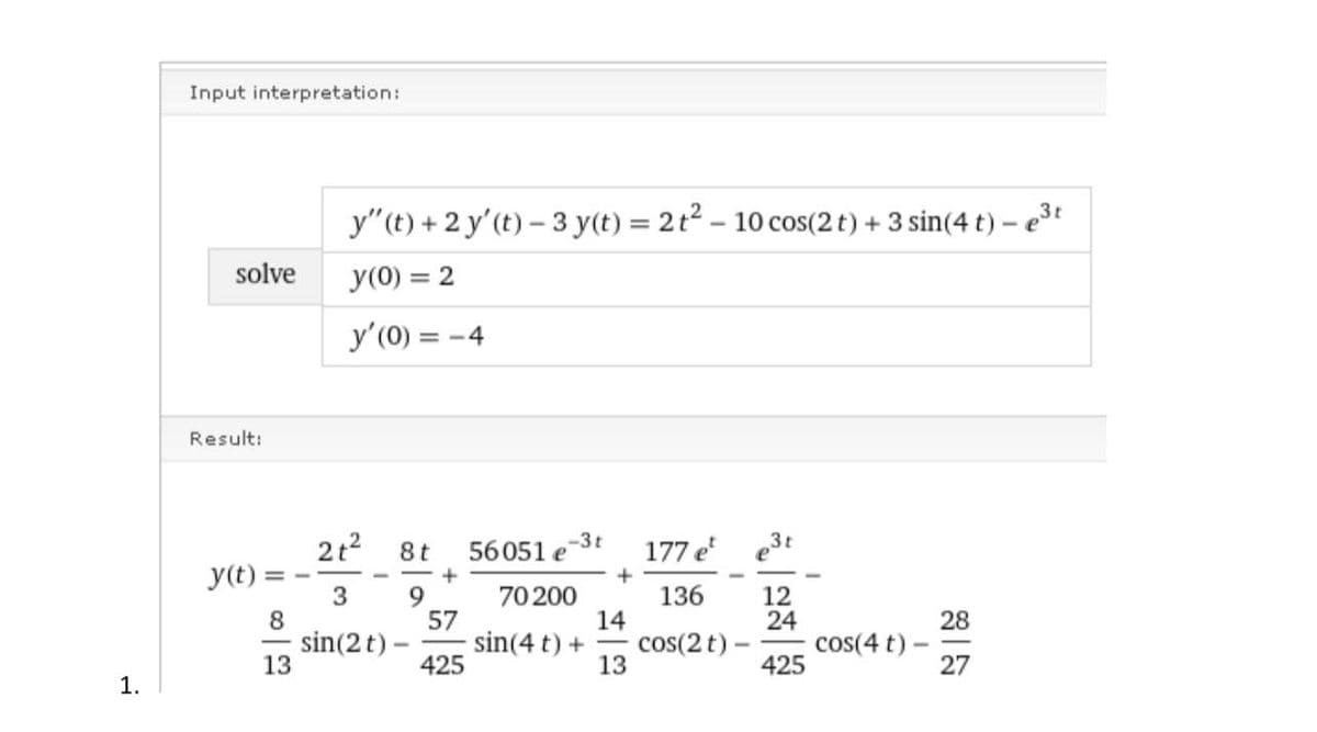 1.
Input interpretation:
solve
Result:
y(t) =
==
8
13
y" (t) + 2 y' (t)-3 y(t) = 2t² - 10 cos(2 t) + 3 sin(4 t) - e³t
3t
y(0) = 2
y'(0) = -4
2t²
3
sin(2 t)
8t
+
57
425
-3t
56051 e
70 200
sin(4 t) +
+
14
13
177 et
136
cos(2 t)
3t
12
24
425
cos(4 t) -
28
27