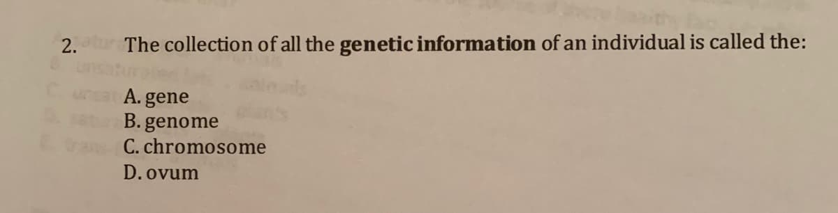 2.ur The collection of all the genetic information of an individual is called the:
A. gene
B. genome
C. chromosome
D. ovum
