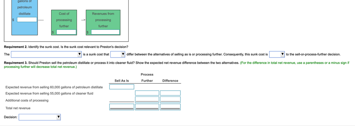 gallons of
petroleum
distillate
Cost of
Revenues from
processing
processing
further
further
Requirement 2. Identify the sunk cost. Is the sunk cost relevant to Preston's decision?
The
is a sunk cost that
differ between the alternatives of selling as is or processing further. Consequently, this sunk cost is
to the sell-or-process-further decision.
Requirement 3. Should Preston sell the petroleum distillate or process it into cleaner fluid? Show the expected net revenue difference between the two alternatives. (For the difference in total net revenue, use a parentheses or a minus sign if
processing further will decrease total net revenue.)
Process
Sell As Is
Further
Difference
Expected revenue from selling 60,000 gallons of petroleum distillate
Expected revenue from selling 55,000 gallons of cleaner fluid
Additional costs of processing
Total net revenue
Decision:
