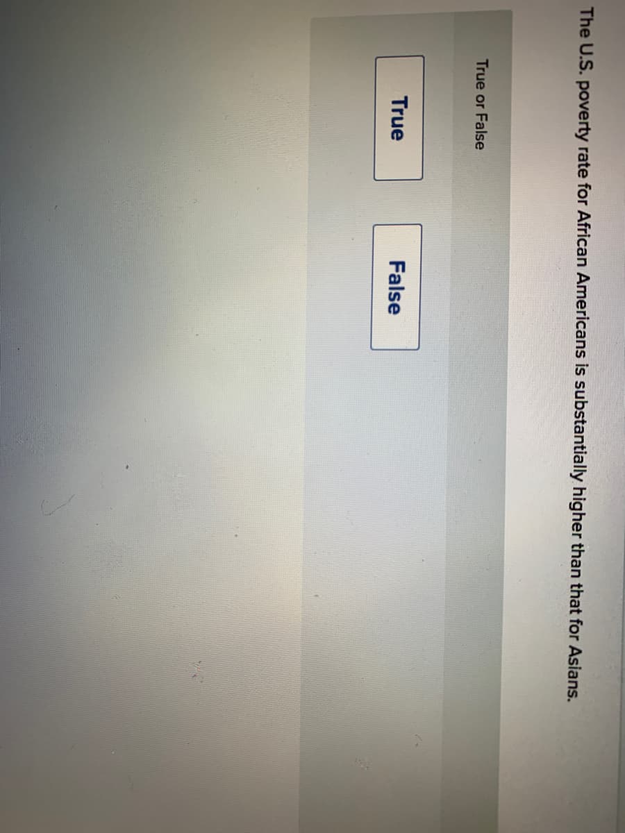 The U.S. poverty rate for African Americans is substantially higher than that for Asians.
True or False
True
False
