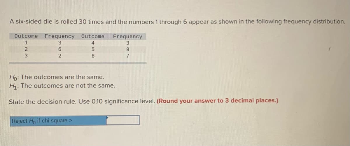 A six-sided die is rolled 30 times and the numbers 1 through 6 appear as shown in the following frequency distribution.
Outcome
Frequency
Outcome
Frequency
1
4
3.
9.
6.
Ho: The outcomes are the same.
H:
The outcomes are not the same.
State the decision rule. Use 0.10 significance level. (Round your answer to 3 decimal places.)
Reject Ho if chi-square>
