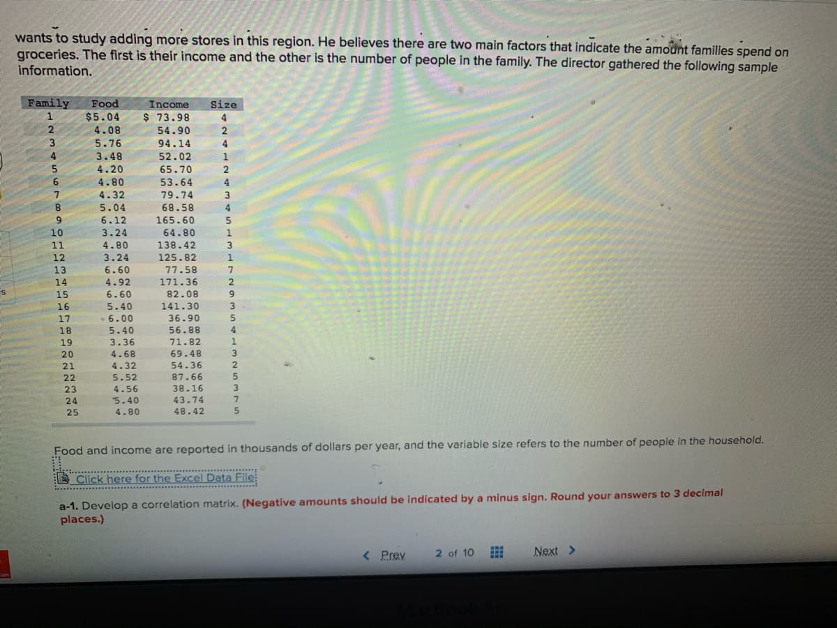 wants to study adding more stores in this region. He believes there are two main factors that indicate the amount families spend on
groceries. The first is their income and the other is the number of people in the family. The director gathered the following sample
information.
Family
Food
Income
Size
$ 73.98
54.90
$5.04
4
4.08
3.
5.76
94.14
4.
4.
3.48
4.20
52.02
1
65.70
6.
4.80
53.64
4.
4.32
79.74
3.
5.04
68.58
4.
6.12
165.60
10
3.24
64.80
1
11
4.80
138.42
3
12
3.24
125.82
1
13
6.60
77.58
14
4.92
171.36
15
6.60
82.08
141.30
36.90
16
5.40
17
6.00
5.
18
5.40
56.88
4.
19
3.36
71.82
1.
4.68
4.32
20
69.48
3
21
54.36
22
5.52
87.66
4.56
5.40
4.80
38.16
43.74
48.42
23
3.
24
7.
25
Food and income are reported in thousands of dollars per year, and the variable size refers to the number of people in the household.
************
E Click here for the Excel Data File:
a-1. Develop a correlation matrix. (Negative amounts should be indicated by a minus sign. Round your answers to 3 decimal
places.)
< Prev
Next >
2 of 10

