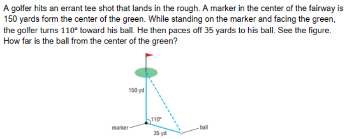 A golfer hits an errant tee shot that lands in the rough. A marker in the center of the fairway is
150 yards form the center of the green. While standing on the marker and facing the green,
the golfer turns 110° toward his ball. He then paces off 35 yards to his ball. See the figure.
How far is the ball from the center of the green?
150 yd
ball
marker
110
35 yd
