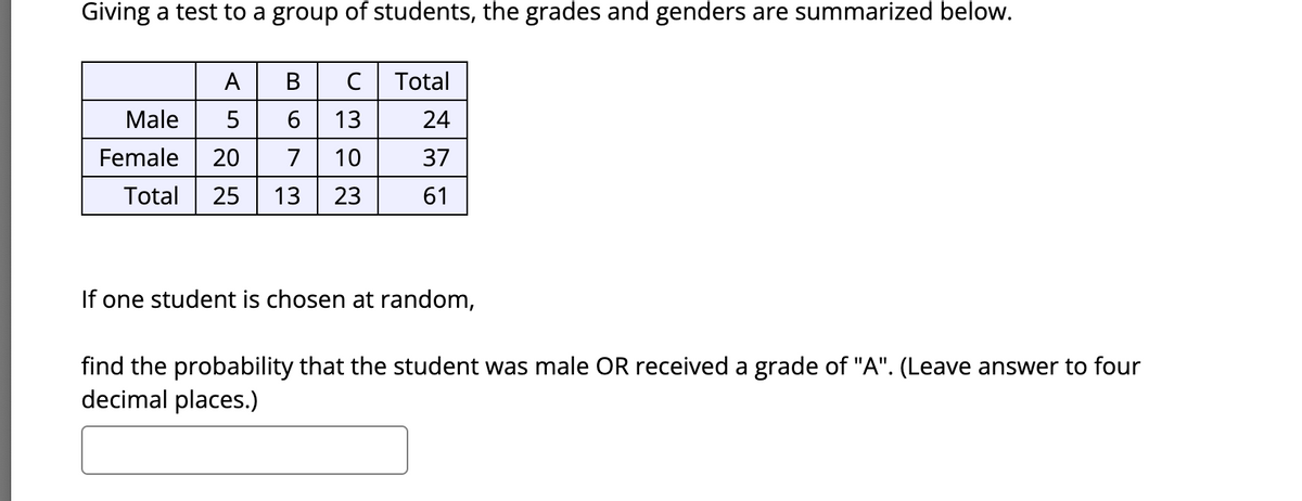 Giving a test to a group of students, the grades and genders are summarized below.
A
B
Male 5
6 13
Female 20 7
10
Total 25 13 23
с Total
24
37
61
If one student is chosen at random,
find the probability that the student was male OR received a grade of "A". (Leave
decimal places.)
swer to four