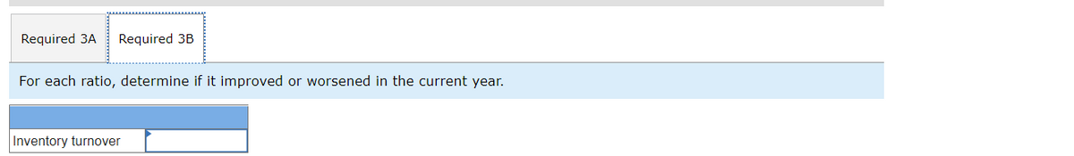 Required 3A
Required 3B
For each ratio, determine if it improved or worsened in the current year.
Inventory turnover
