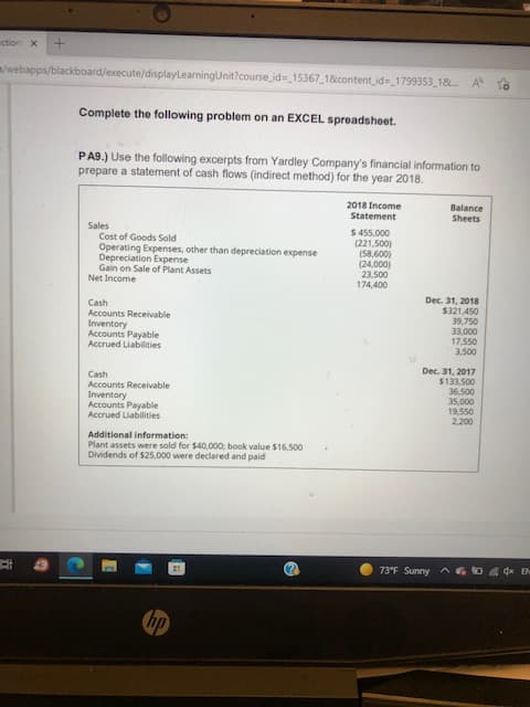 X vog
/webapps/blackboard/execute/displaylearningUnit?course_id=_15367_18content_id=_1799353_18.
Complete the following problem on an EXCEL spreadsheet.
PA9.) Use the following excerpts from Yardley Company's financial information to
prepare a statement of cash flows (indirect method) for the year 2018.
2018 Income
Statement
Balance
Sheets
$ 455,000
(221,500)
Sales
Cost of Goods Sold
Operating Expenses, other than depreciation expense
Depreciation Expense
Gain on Sale of Plant Assets
Net Income
(24,000)
23,500
174,400
(o09'es)
Dec. 31, 2018
Cash
$321,450
39,750
Accounts Receivable
Inventory
Accounts Payable
Accrued Liabilities
000'EE
00S'E
Dec. 31, 2017
$133,500
yse)
Accounts Receivable
Inventory
Accounts Payable
Accrued Liabilities
00s'9E
000'SE
19,550
00z
Additional information:
Plant assets were sold for $40,000; book value $16,500
Dividends of $25,000 were declared and paid
73"F Sunny
