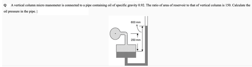 A vertical column micro manometer is connected to a pipe containing oil of specific gravity 0.92. The ratio of area of reservoir to that of vertical column is 150. Calculate the
oil pressure in the pipe. |
600 mm
250 mm
