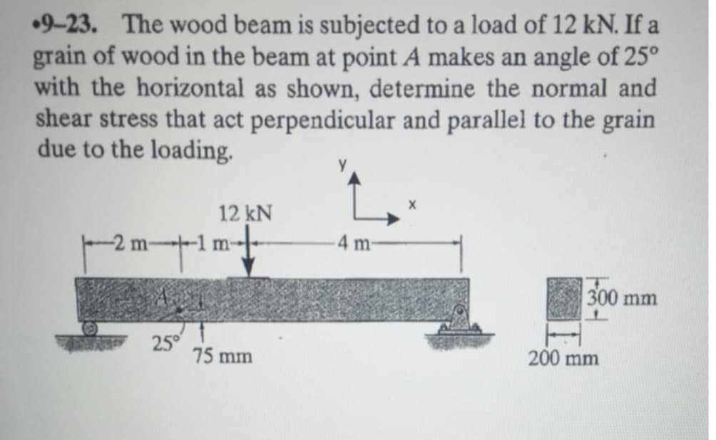 9-23. The wood beam is subjected to a load of 12 kN. If a
grain of wood in the beam at point A makes an angle of 25°
with the horizontal as shown, determine the normal and
shear stress that act perpendicular and parallel to the grain
due to the loading.
|--2m-¹
25°
12 kN
75 mm
4 m-
300 mm
200 mm