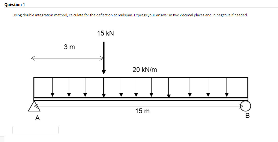 Question 1
Using double integration method, calculate for the deflection at midspan. Express your answer in two decimal places and in negative if needed.
A
3 m
15 kN
20 kN/m
15 m
B