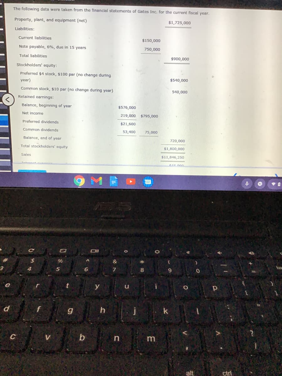 The following data were taken from the financial statements of Gates Inc. for the current fiscal year.
Property, plant, and equipment (net)
$1,725,000
Liabilities:
Current liabilities
$150,000
Note payable, 6%, due in 15 years
750,000
Total liabilities
$900,000
Stockholders' equity:
Preferred $4 stock, $100 par (no change during
year)
$540,000
Common stock, $10 par (no change during year)
540,000
Retained earnings:
Balance, beginning of year
$576,000
Net income
219,000 $795,000
Preferred dividends
$21,600
Common dividends
53,400
75,000
Balance, end of year
720,000
Total stockholders' equity
$1,800,000
Sales
$11,846,250
23
2$
%
&
4
5
7
8.
9.
´e
y
u
d
f
g
C
m
alt
ctrl
