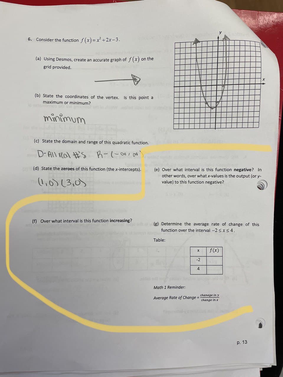 6. Consider the function f (x) = x? +2x-3.
(a) Using Desmos, create an accurate graph of f (x) on the
grid provided.
(b) State the coordinates of the vertex.
Is this point a
maximum or minimum?
minimum
(c) State the domain and range of this quadratic function.
D-All real #'s R-(-a aa
(d) State the zeroes of this function (the x-intercepts).
(e) Over what interval is this function negative? In
other words, over what x-values is the output (or y-
(1,0) (3,0)
value) to this function negative?
(f) Over what interval is this function increasing?
(g) Determine the average rate of change of this
function over the interval -2sxS4.
Table:
f (x)
-2
4
Math 1 Reminder:
chanege in y
Average Rate of Change =
change in x
р. 13
