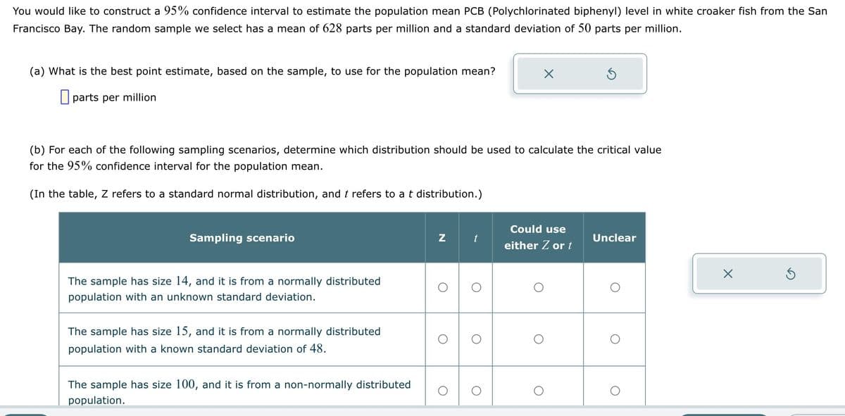 You would like to construct a 95% confidence interval to estimate the population mean PCB (Polychlorinated biphenyl) level in white croaker fish from the San
Francisco Bay. The random sample we select has a mean of 628 parts per million and a standard deviation of 50 parts per million.
(a) What is the best point estimate, based on the sample, to use for the population mean?
parts per million
Sampling scenario
(b) For each of the following sampling scenarios, determine which distribution should be used to calculate the critical value
for the 95% confidence interval for the population mean.
(In the table, Z refers to a standard normal distribution, and t refers to a t distribution.)
The sample has size 14, and it is from a normally distributed
population with an unknown standard deviation.
The sample has size 15, and it is from a normally distributed
population with a known standard deviation of 48.
The sample has size 100, and it is from a non-normally distributed
population.
N
X
t
Ś
Could use
either Z or t
Unclear
X
S