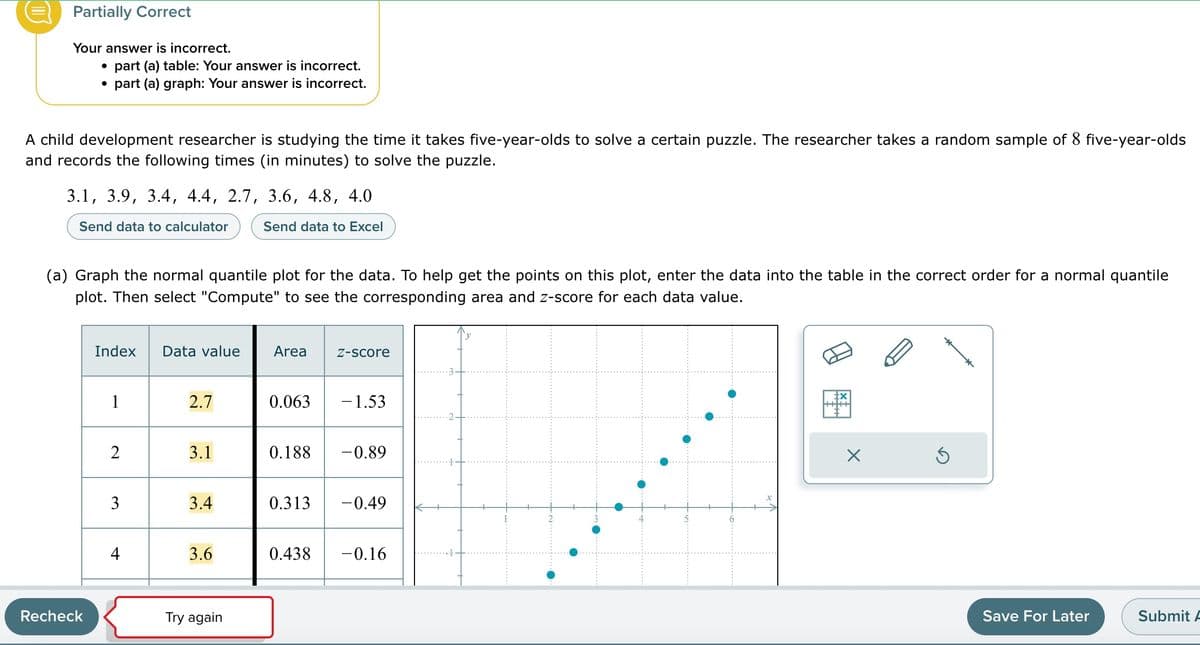 Partially Correct
Your answer is incorrect.
●
●
part (a) table: Your answer is incorrect.
part (a) graph: Your answer is incorrect.
A child development researcher is studying the time it takes five-year-olds to solve a certain puzzle. The researcher takes a random sample of 8 five-year-olds
and records the following times (in minutes) to solve the puzzle.
Recheck
3.1, 3.9, 3.4, 4.4, 2.7, 3.6, 4.8, 4.0
Send data to calculator
Send data to Excel
(a) Graph the normal quantile plot for the data. To help get the points on this plot, enter the data into the table in the correct order for a normal quantile
plot. Then select "Compute" to see the corresponding area and z-score for each data value.
Index Data value Area Z-score
1
2
3
4
2.7
3.1
3.4
3.6
Try again
0.063
- 1.53
0.188 -0.89
0.313 -0.49
0.438 -0.16
X
S
Save For Later
Submit A