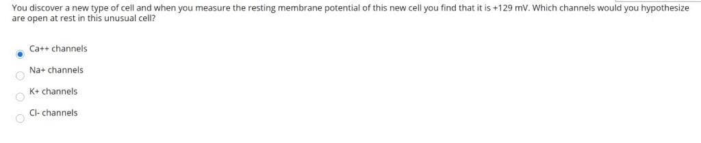 You discover a new type of cell and when you measure the resting membrane potential of this new cell you find that it is +129 mV. Which channels would you hypothesize
are open at rest in this unusual cell?
Ca++ channels
Na+ channels
K+ channels
Cl- channels
