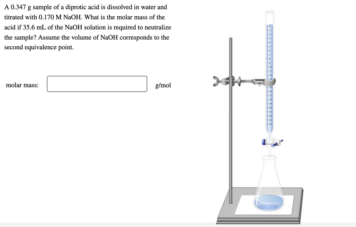 A 0.347 g sample of a diprotic acid is dissolved in water and
titrated with 0.170 M NaOH. What is the molar mass of the
acid if 35.6 mL of the NaOH solution is required to neutralize
the sample? Assume the volume of NaOH corresponds to the
second equivalence point.
molar mass:
g/mol
16
17
18
19
20
