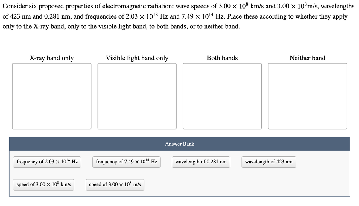 Consider six proposed properties of electromagnetic radiation: wave speeds of 3.00 x 10° km/s and 3.00 × 10³m/s, wavelengths
of 423 nm and 0.281 nm, and frequencies of 2.03 × 1018 Hz and 7.49 x 1014 Hz. Place these according to whether they apply
only to the X-ray band, only to the visible light band, to both bands, or to neither band.
X-ray band only
Visible light band only
Both bands
Neither band
Answer Bank
frequency of 2.03 × 1018 Hz
frequency of 7.49 × 1014 Hz
wavelength of 0.281 nm
wavelength of 423 nm
speed of 3.00 x 10® km/s
speed of 3.00 × 10³ m/s
