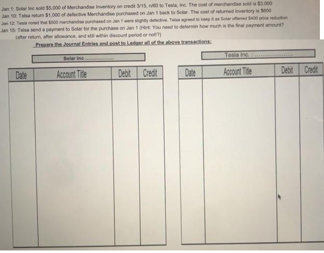 Jan 1: Solar Inc sold $5,000 of Merchandise Inventory on credit 3/15, n/60 to Tesla, Inc. The cost of merchandise sold is $3.000
Jan 10: Telsa return $1,000 of defective Merchandise purchased on Jan 1 back to Solar. The cost of returned inventory is $600
Jan 12: Tesla noted that $500 merchandise purchased on Jan 1 were slightly defective. Telsa agreed to keep it as Solar offerred $400 price reduction
Jan 15: Telsa send a payment to Solar for the purchase on Jan 1 (Hint: You need to determin how much is the final payment amount?
(after return, after allowance, and still within discount period or not?)
Prepare the Journal Entries and post to Ledger all of the above transactions:
Tesla Inc. :
Solar Inc .
Date
Account Title
Debit Credit
Date
Account Title
Debit
Credit
