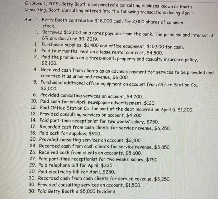 On April 1, 2019, Betty Booth incorporated a consulting business known as Booth
Consulting. Booth Consulting entered into the following transactions during April:
Apr. 1. Betty Booth contributed $18,000 cash for 2,000 shares of common
stock.
1. Borrowed $12,000 on a notes payable from the bank. The principal and interest at
6% are due June 30, 2019.
1. Purchased supplies, $1,400 and office equipment, $10,500 for cash.
1. Paid four months' rent on a lease rental contract, $4,800.
2. Paid the premium on a three-month property and casualty insurance policy,
$2,100.
4. Received cash from clients as an advanct payment for services to be provided and
recorded it as unearned revenue, $6,000.
5. Purchased additional office equipment on account from Office Station Co.,
$2,000.
6. Provided consulting services on account, $4,700.
10. Paid cash for an April newspaper advertisement, $120.
12. Paid Office Station Co. for part of the debt incurred on April 5, $1,200.
12. Provided consulting services on account, $4,200.
14. Paid part-time receptionist for two weeks' salary, $750.
17. Recorded cash from cash clients for service revenue, $6,250.
18. Paid cash for supplies, $900.
20. Provided consulting services on account, $2,100.
24. Recorded cash from cash clients for service revenue, $3,850.
26. Received cash from clients on accounts, $5,600.
27. Paid part-time receptionist for two weeks' salary, $750.
29. Paid telephone bill for April, $330.
30. Paid electricity bill for April, $250.
30. Recorded cash from cash clients for service revenue, $3,250.
30. Provided consulting services on account, $1,500.
30. Paid Betty Booth a $5,000 Dividend.
