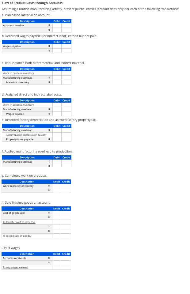 Flow of Product Costs through Accounts
Assuming a routine manufacturing activity, present Journal entries (account titles only) for each of the following transactions:
a. Purchased materlal on account.
Description
Debit Credit
Accounts payable
b. Recorded wages payable (for Indirect labor) earned but not paid.
Description
Debit Credit
Wages payable
C. Requisitioned both direct material and indirect material.
Description
Debit Credit
Work in process inventory
Manufacturing overhead
Materials inventory
d. Assigned direct and Indirect labor costs.
Description
Debit Credit
Work in process inventory
Manufacturing overhead
Wages payable
e. Recorded factory depreciation and accrued factory property tax.
Description
Debit Credit
Manufacturing overhead
Accumulated depreciation-factory
Property taxes payable
f. Appled manufacturing overhead to production.
Description
Debit Credit
Manufacturing overhead
g. Completed work on products.
Description
Debit Credit
Work in process inventory
h. Sold finished goods on account.
Description
Debit Credit
Cost of goods sold
To transfer cost to expense.
To record sale ofgoods,
I. Pald wages
Description
Debit Credit
Accounts receivable
To pay wages earned.
